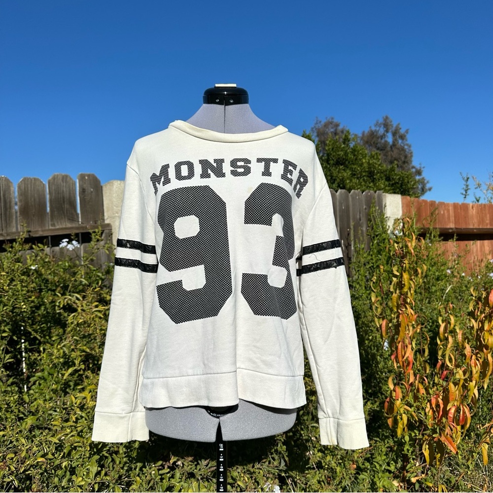 Forever 21 Size M Monster Dotted 93 Black and White Striped Arm Pullover Sweater